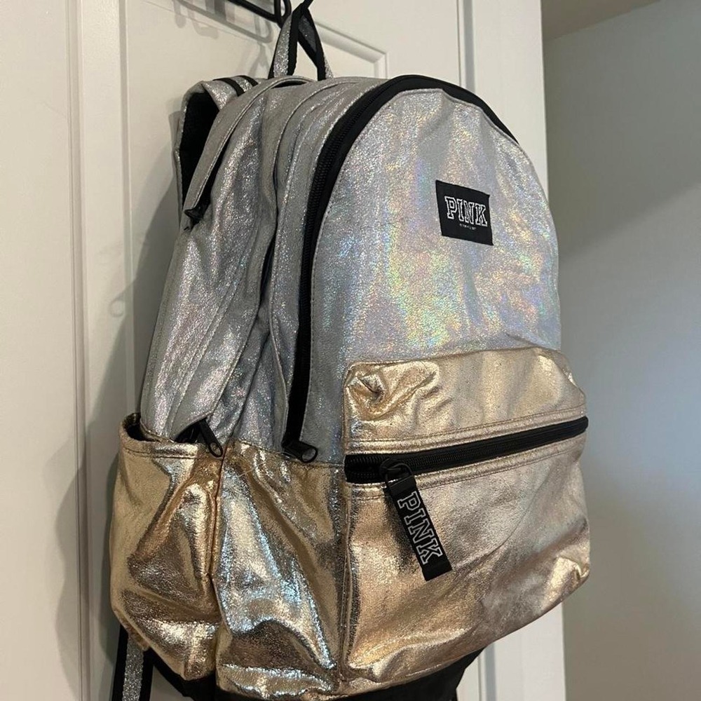 Victorias Secret PINK Campus Backpack Silver Gold MetallicLarge Bookbag RARE - Picture 3 of 8